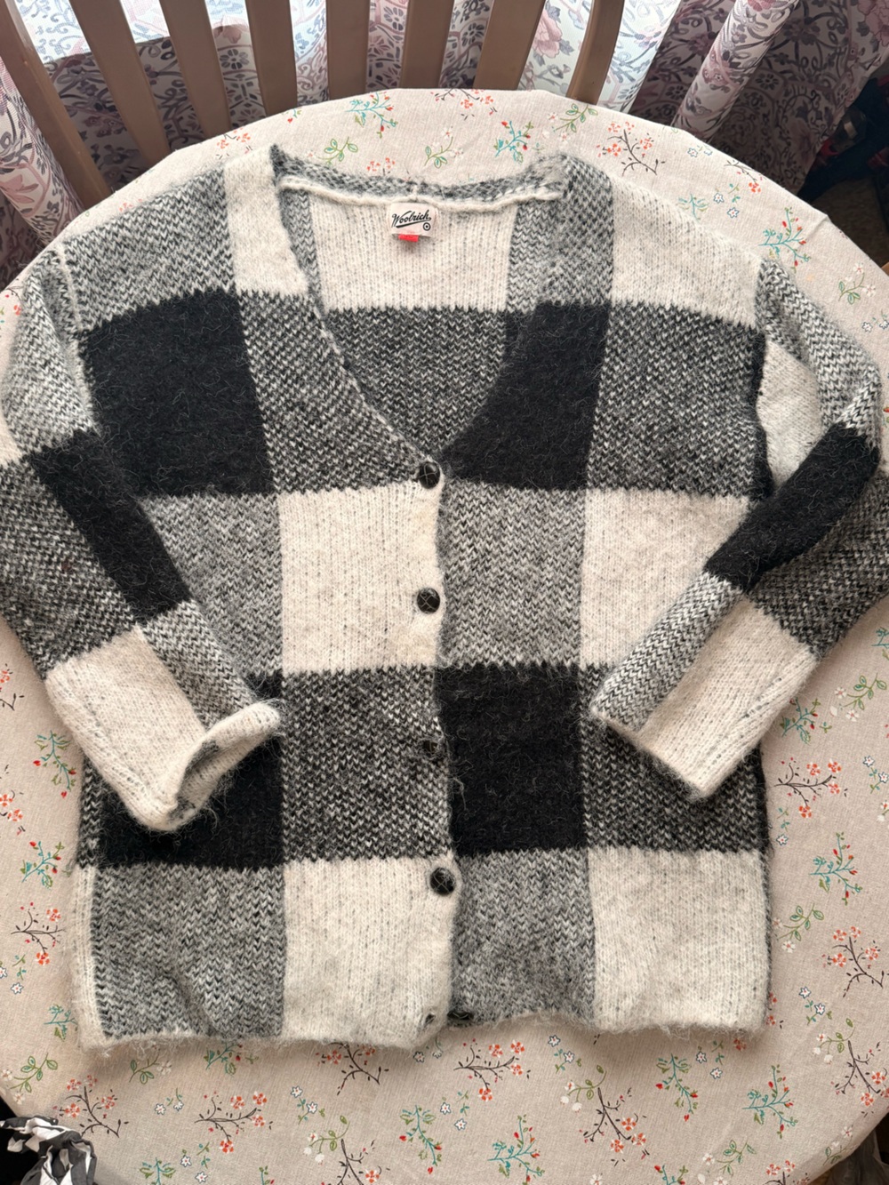 Woolrich Black & White Plaid Wool Cardigan